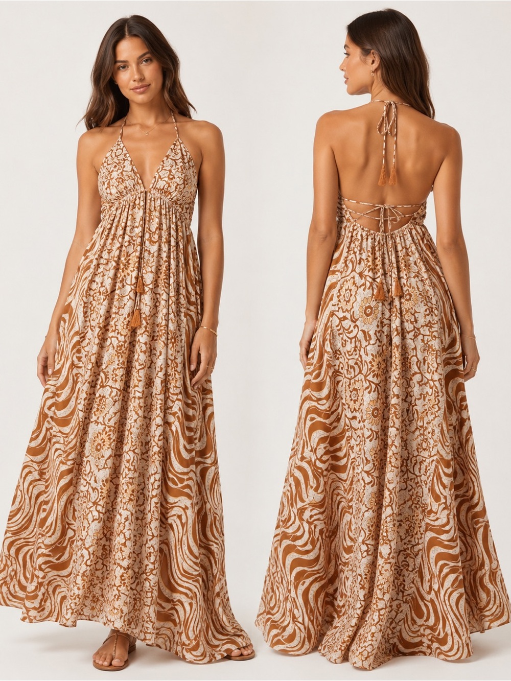 Boho Halter Maxi Dress in Tan Floral Print
